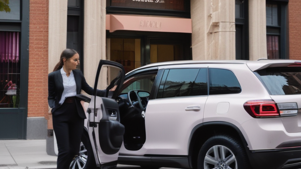 woman opening SUV door in font of hotel