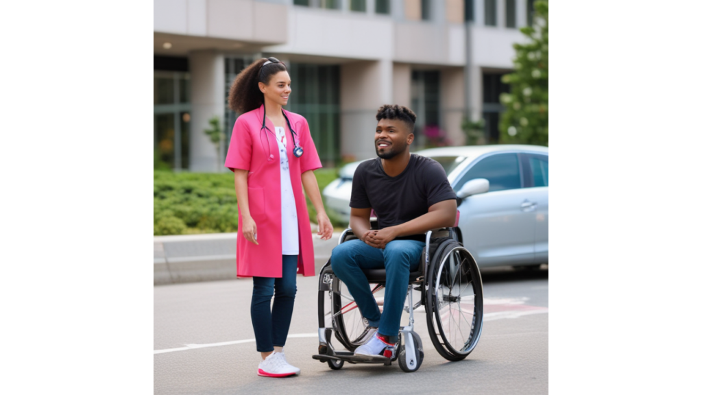 man in wheelchiar, speaking with nurse n front of hospital