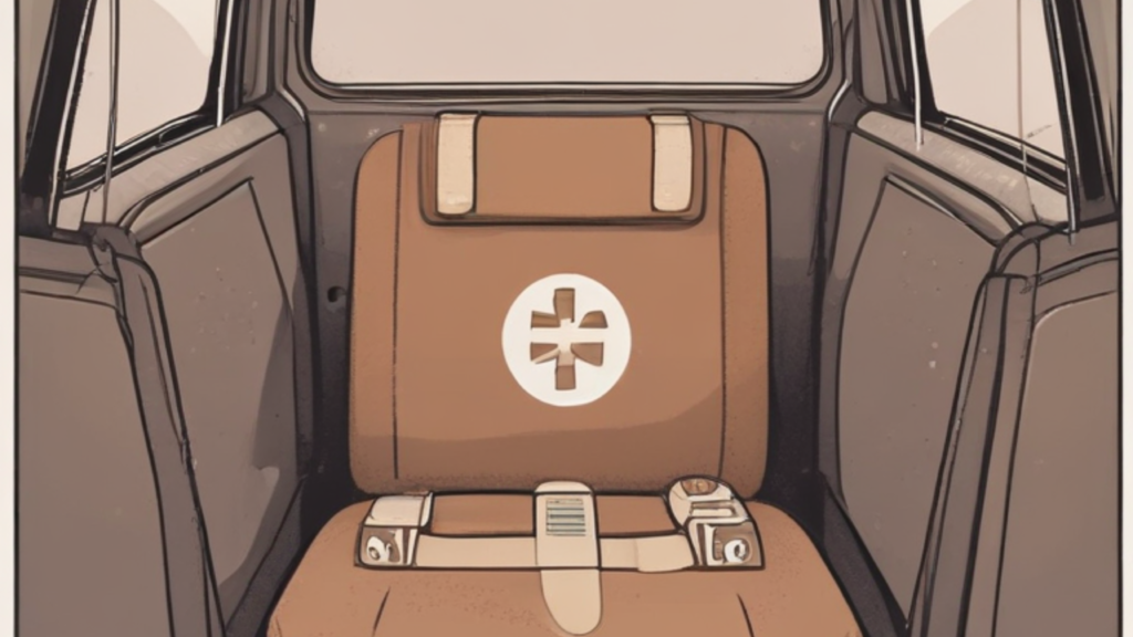 image of a box marked with a medical supply symbol, sitting in the back seat of a passenger car